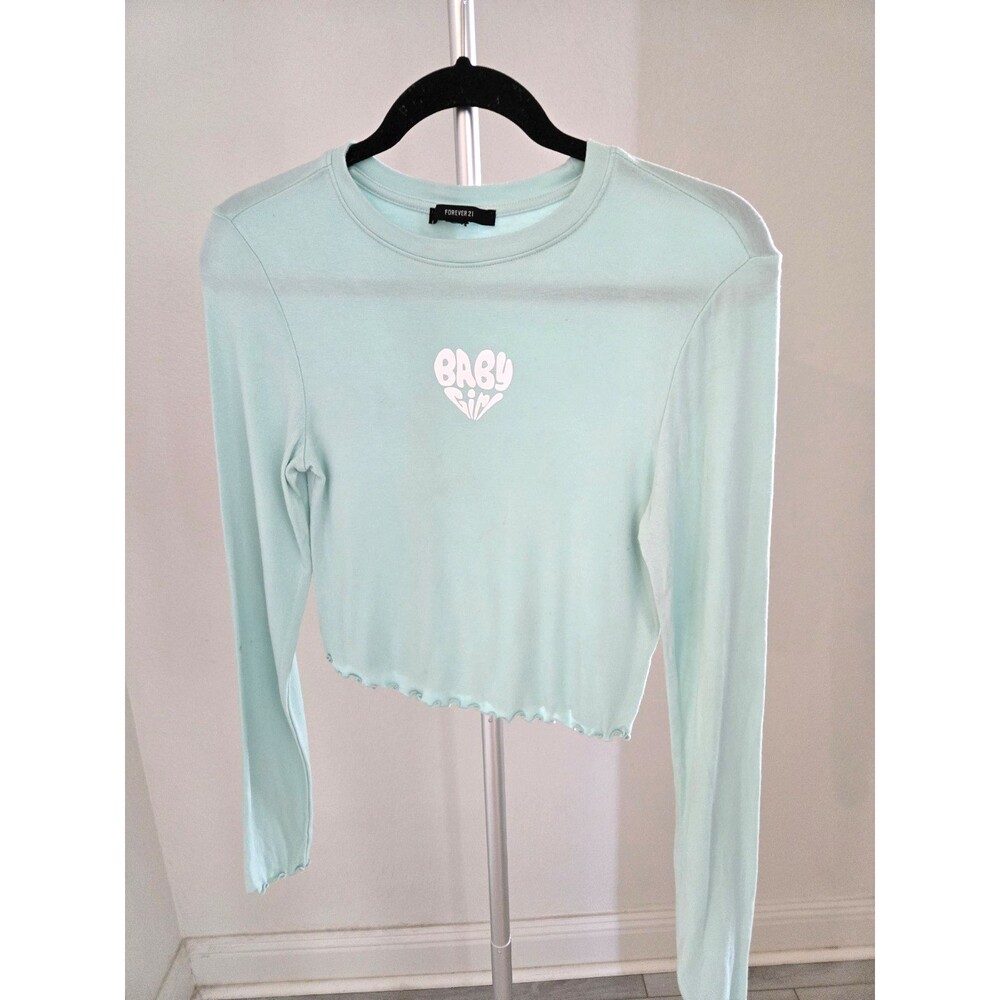 Forever 21 Small Mint Green Baby Girl Heart Graphic Crop Top Long Sleeve